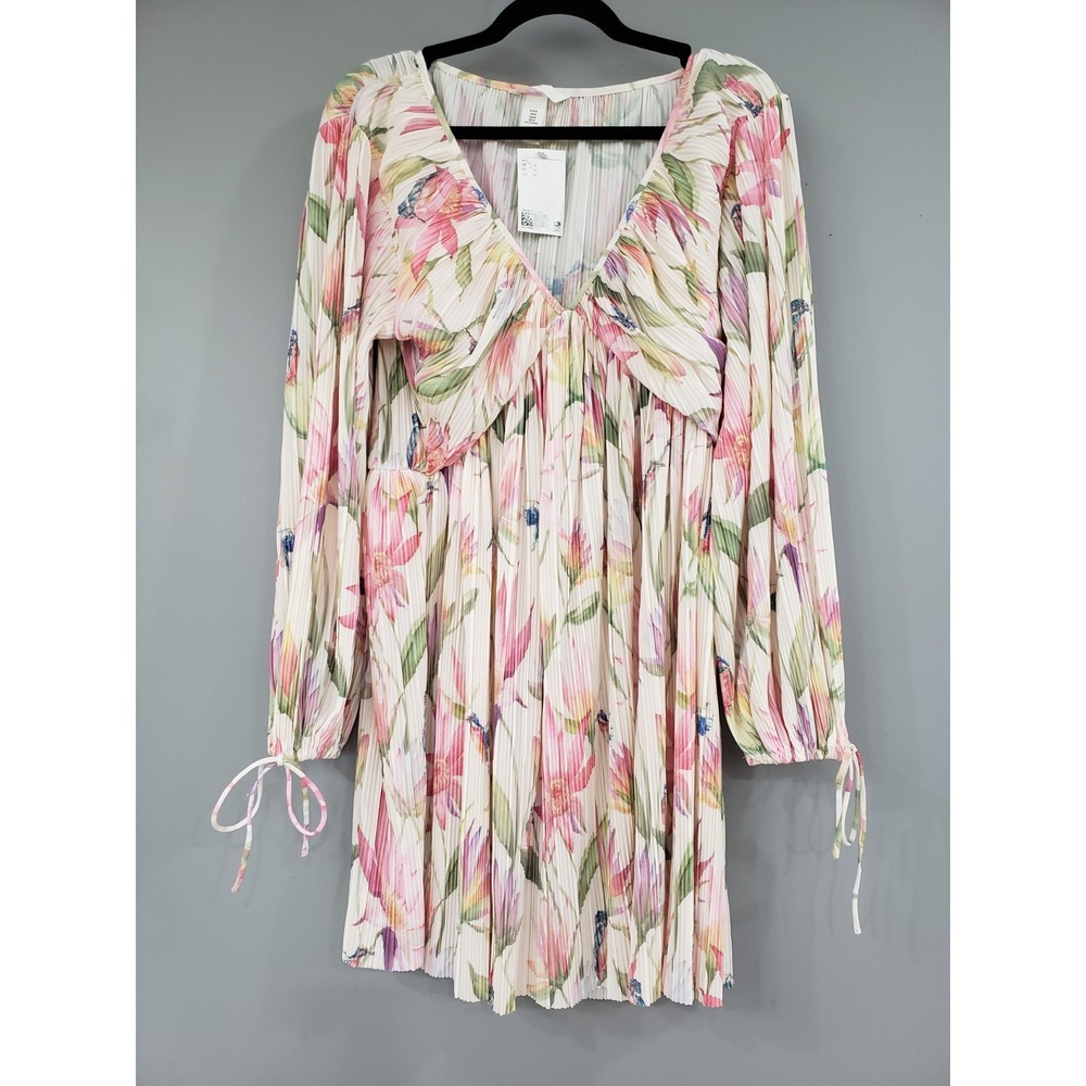 NEW H&M Plisse Dress Cream Floral HUMINGBIRDS SPRING EASTER Medium LONG SLEEVE